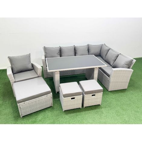 Fimous Outdoor Garden Furniture Sets 10 Seater Wicker Rattan Corner Sofa Sets with Rectangular Dining Table Lounge Sofa 3 Footstools Armchair Light Grey (1/4)