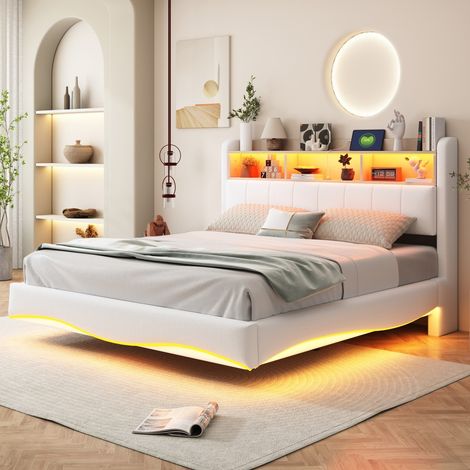 Lit Double 160x200 Beige - Rembourré tissu lin, design suspendu, LED, rangement, ports USB/Type-C (sans Matelas) (1/5)