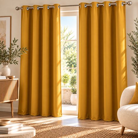 LOT DE 2 Rideaux à œillets grande hauteur 135 x 280 cm occultants unis OCCULT Ocre (1/5)