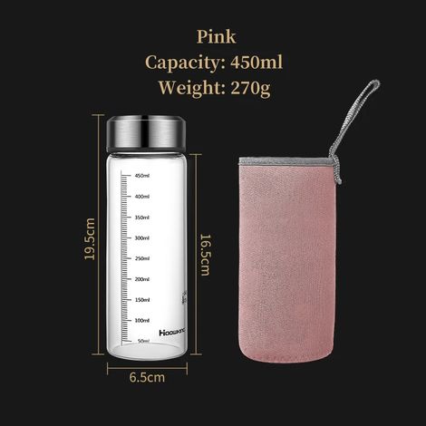(Rose, 450 ml) Bouteille d'eau portable en verre, thermos, avec graduations, adaptée aux sports de plein air. (1/5)