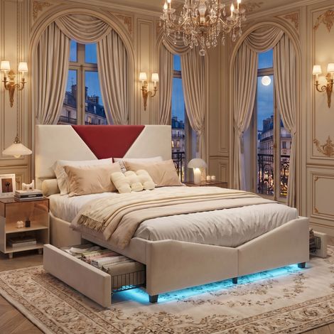 Lit avec tiroirs 160x200 cm - lit double capitonné, avec sommier à lattes,tête de lit design - velours - beige (1/5)