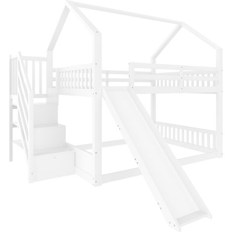 Litera casita con tobogán y escalera de almacenamiento 140 x 200 cm blanco MODENUIT (1/5)