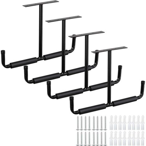 Set mit 4 gummierten Deckenhaken für die Garage - Schwarzer Stahl - Doppelzinken - 20 cm - Für Leitern und Sportgeräte wie Skier, Surfbretter, Angelruten