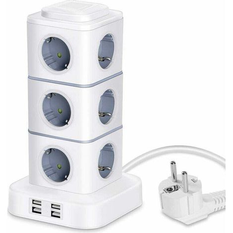 SABIR Multiprise tour, 12 multiprises (2500W / 10A) avec 4 ports USB, multiprises verticales avec protection contre les surtensions pour bureau à domicile, câble d'extension 3M (1/5)