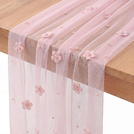 Camino de mesa rosa empolvado de 80 × 200 cm para bodas, con perlas florales, muselina de gasa rosa. (1/5)
