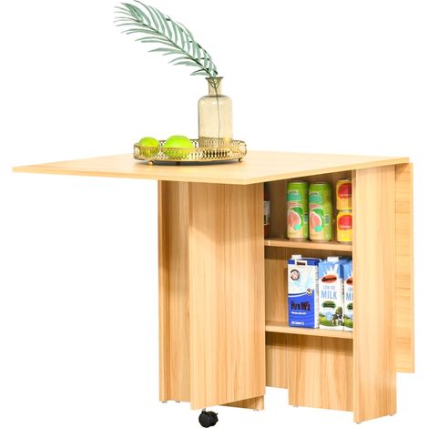 Folding Dining Table, Drop Leaf Table for Small Spaces, Foldable Rectangular Tabletop with Storage Shelves for Kitchen, Dining Room, Teak (1/5)