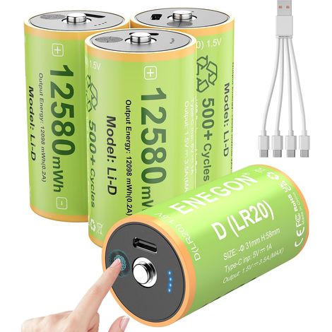 Lot de 4 Piles Rechargeables D 1,5 V Lithium - Type-C (5 V Charge), 12580 mWh, LR20 avec Indicateur de Charge, Comprend 1 à 4 Câbles de Charge, pour Lampes Camping, Radios, Jouets, Poubelle (1/5)