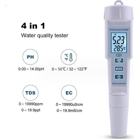 4 En 1 Testeur Qualite De L'Eau Ph / Ec / Tds / Temperature Ip55 Metre Arret Automatique Etanche Retro-Eclairage Affichage Testeur Blanc Ph-686