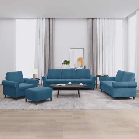 4-tlg. Sofagarnitur mit Kissen Blau Samt (1/5)