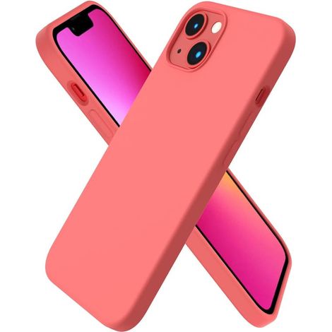 Coque pour iPhone 13, en silicone liquide, ultra-fine et résistante aux chocs, coloris pamplemousse rose, offrant une protection intégrale. (1/5)