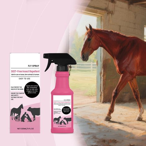 Spray anti-insectes pour chevaux à la formule douce, nettoyant et protégeant des piqûres de moustiques. Non irritant, à séchage rapide et rafraîchissant. Convient aux élevages équins. -- 120 ml (1/5)