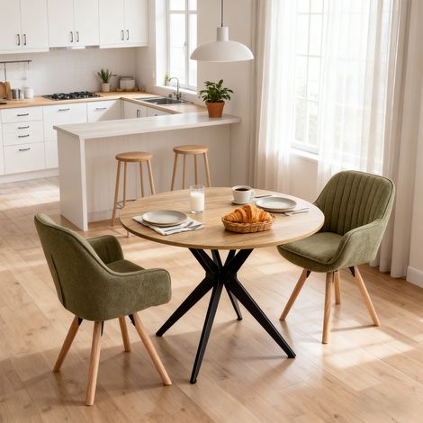 MEUBLES COSY Ensemble table et chaises de salle à manger 3 pièces, table ronde avec pieds croisés en métal + 2 chaises de salle à manger pivotantes en microfibre verte