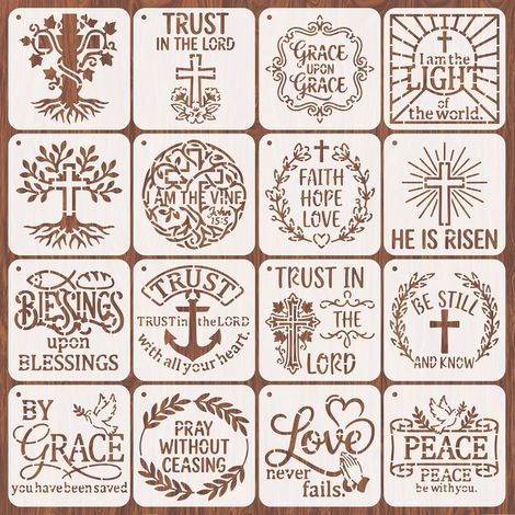 Lot de 16 pochoirs chrétiens pour peinture, verset de la Bible - Pochoir en croix - 20 x 20 cm - Modèle religieux - Modèles de dessin de motivation pour meubles en bois, chambre à coucher (1/5)