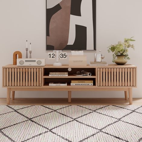 Mueble para TV de 150 x 40 x 48 cm en aglomerado con efecto madera clara, estilo rústico moderno, con espacio de almacenamiento y gestión de cables. (1/5)