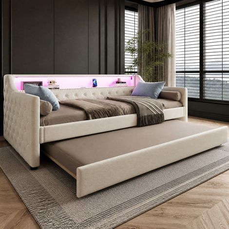 Cama nido 90x200 cm beige en lino y MDF con LED, USB y cama extraíble (1/5)
