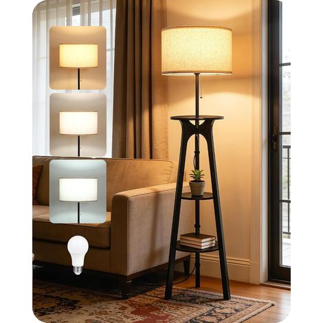 Wooden Tripod Floor Lamp with Shelf, Floor Lamp with 3 Storage Shelves, 3 Colour Temperatures, for Living Room, Bedroom, Office, Beige and Black