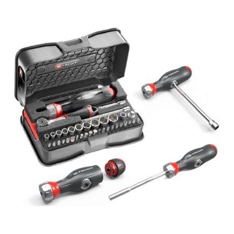 Facom – Coffret cliquet et douilles 1/4" mixtes – 6 douilles 5,5 à 14 mm – Embouts TORX et 6 pans – Rallonges 55 et 100 mm – Cardan universel (1/7)