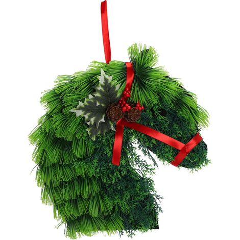 Guirlande De Porte - Tête De Cheval - Aiguilles De Pin Vertes - Ruban Rouge - Décor De Noël Pour Entrée Maison - 1 Pièce (1/5)