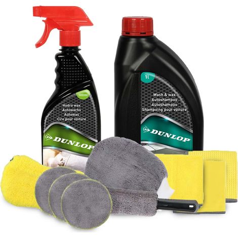 Pack Shampooing 1L et Hydro Wax 500ml avec Kit Microfibre DUNLOP - Lavage Cirage Protection, Brillance Auto, Nettoyage Complet