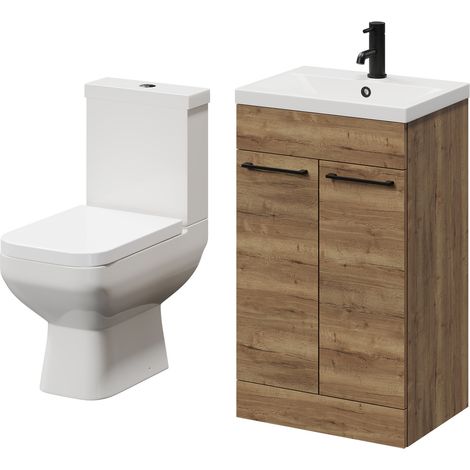 Turin Tobacco Oak 500mm Floor Standing Vanity Unit and Toilet Suite with 1 Tap Hole Glide Basin and 2 Doors with Matt Black Handles (1/5)
