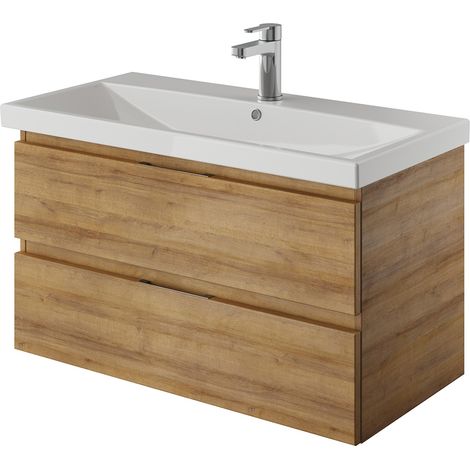 Bad Waschtisch, 90cm, grifflos, in Riviera Eiche Nb. mit Keramik Waschbecken VILLATORO-66, B/H/T ca. 90/53,2/45 cm (1/5)