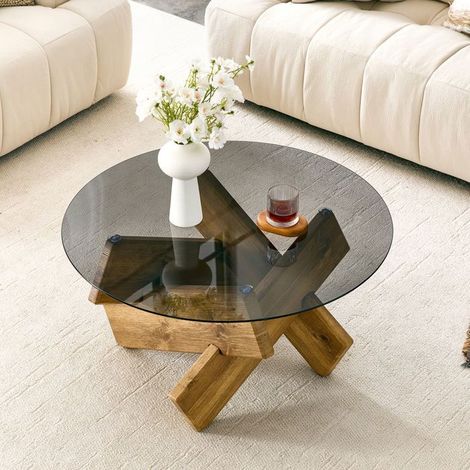 Table basse forme ronde plateau en verre piètement designer stable aspect bois ou effet marbre style moderne (1/5)