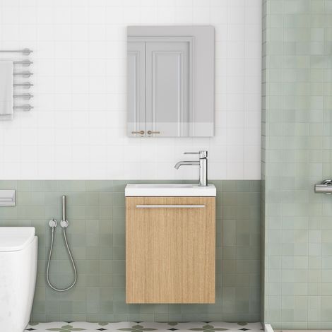 Badezimmer-Waschtischunterschrank hängend 40x25x48 cm mit keramikwaschbecken und spiegel gästebad möbelset aus mdf moderner stil - Eiche (1/5)