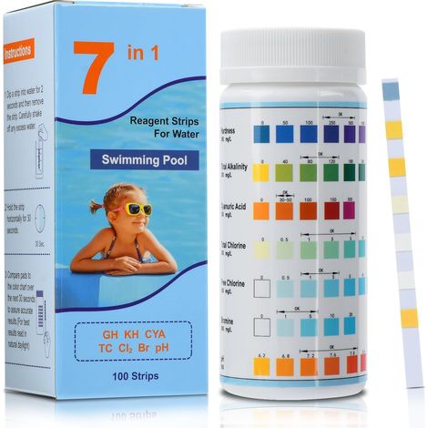 Bandelettes de test 7 en 1 pour piscine et spa, kit de 100 bandelettes pour la dureté, l'alcalinité totale, l'acide cyanurique, le chlore total, le chlore résiduel, le brome et le pH