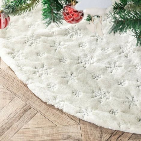 Jupe de sapin de Noël ronde de 90 cm, ornée de flocons de neige argentés scintillants, idéale pour décorer le sapin et le sol. (1/5)