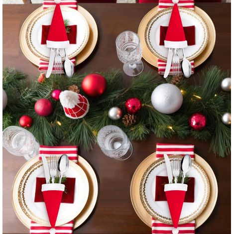 10 pièces de bonnets de Père Noël et porte-couverts pour la fête de Noël, la table, la vaisselle, les décorations, les accessoires, les couverts et la décoration (1/5)