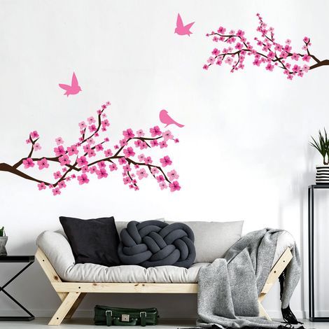 Stickers muraux adhésifs autocollant - 2 BRANCHES DE CERISIER JAPONAIS ET 3 OISEAUX - 100x135cm (1/5)