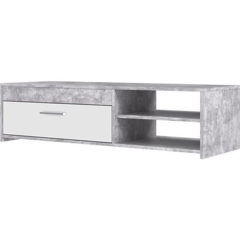 Les Tendances – Meuble TV contemporain blanc et béton clair – Dimensions L 120 x P 42,1 x H 31,8 cm – 2 niches pour matériel hi-fi – Niche fermée pour rangement (1/5)
