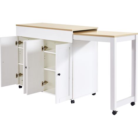 Table de bar extensible blanche avec rangement, table haute en MDF, longueur réglable de 117 à 180 cm pour cuisine et salle à manger (1/5)