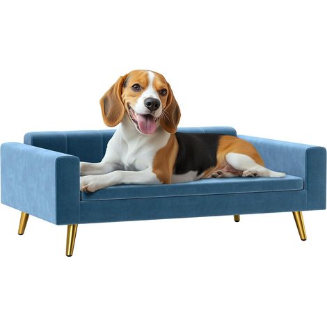 Canapé Chien, lit pour Chien, revêtement en Velours Soyeux, 94 x 59,5 x 31,5 cm, Design scandinave, canapé pour Chien sur Pied, avec Coussin Moelleux, Pieds en Acier Inoxydable, Bleu (1/5)