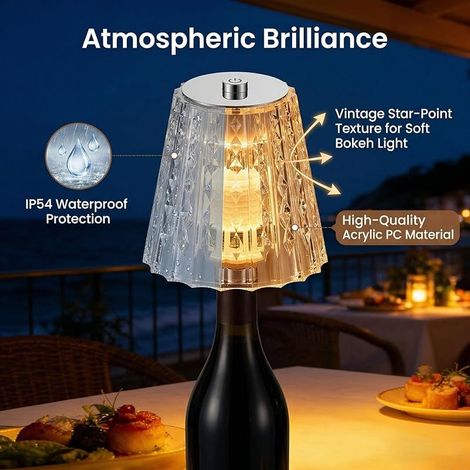 Lampe Bouteille Sans Fil Rechargeable par USB – Abat-jour en Cristal Transparent, 3 Couleurs par Touche avec Graduation Fluide – Décoration Intérieure pour Bar, Cuisine, Séjour et Soirée (1/5)