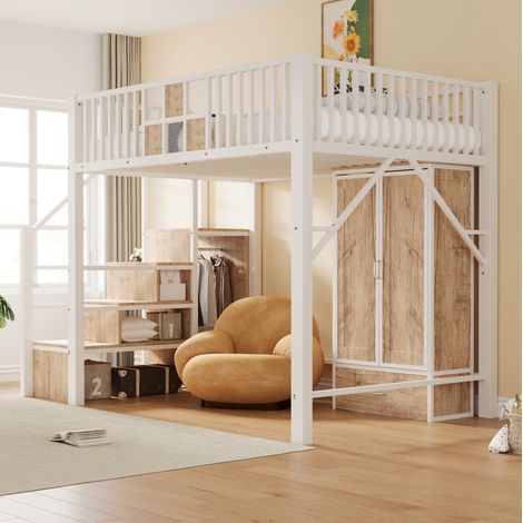 Cama alta metálica blanca 140 x 200 cm con armario, cajones y escalera de almacenamiento (1/5)