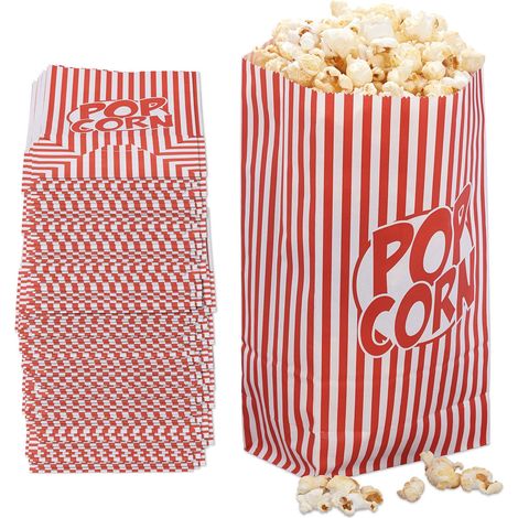 Relaxdays Sacchetti per Popcorn, Set 240 Buste di Carta a Righe Retrò, Gadget Feste Compleanno Tema Cinema, Rosso Bianco