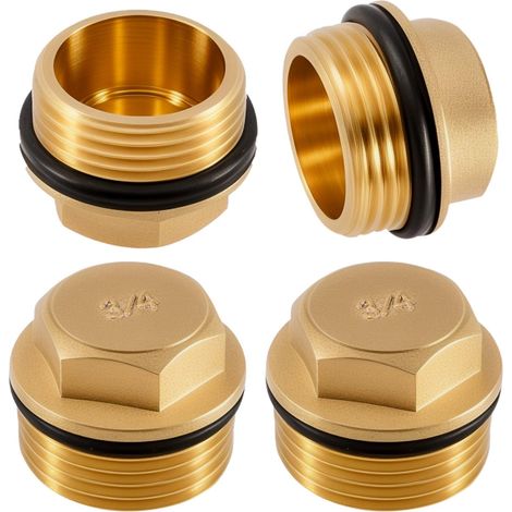 Lot de 4 bouchons d'obturation en laiton - G3/4" - Filetage extérieur 3/4" - En laiton - Avec anneau en caoutchouc - Pour raccord de tuyau, salle de bain et installation d'eau potable (1/5)