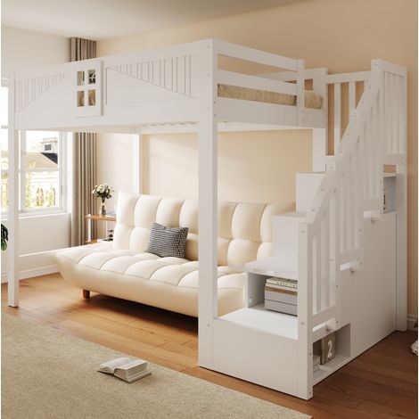 Etagenbett 140/200 cm Weiß aus Holz mit Stauraumleiter und modernem Sicherheitsgeländer (1/5)