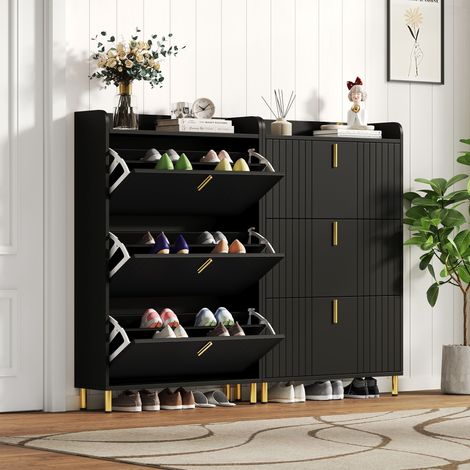 Lot de 2 meubles à chaussures noirs avec 3 portes et 6 compartiments 80x23,5x123,5 cm, rangement entrée couloir, organisation pratique et moderne (1/5)