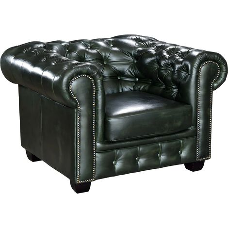 Poltrona Chesterfield 100% cuoio di bufalo Verde imperiale - BRENTON (1/3)
