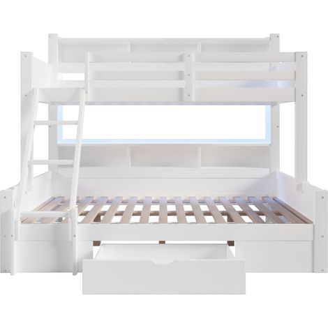 Litera 90x200 + 140x200 blanca con escalera, almacenaje, cajón y LED (1/5)