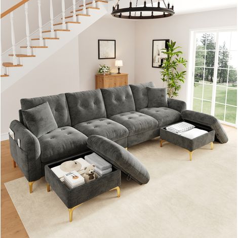 Divano modulare a U 4 posti in ciniglia con 2 pouf contenitore e cuscini grigio (1/5)