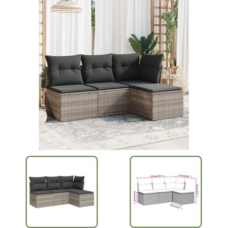 The Living Store Salon de jardin 4 pcs avec coussins gris clair résine tressée - Salon De Jardin - Mobilier De Jardin - Salon Extérieur - Ensemble De Canapés - Canapé D'angle