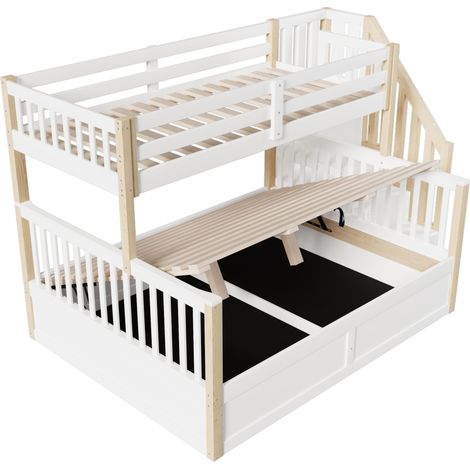 Letto a castello per bambini 90x200 cm + 140x200 cm con contenitore, legno bianco e naturale (1/5)