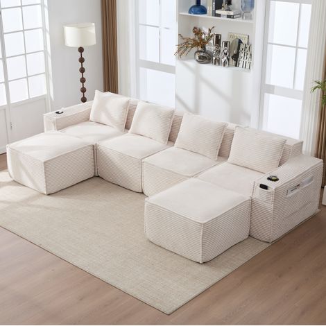 Divano modulare 330x162x75 cm in velluto a coste beige con 2 pouf – MEUBLIV (1/5)