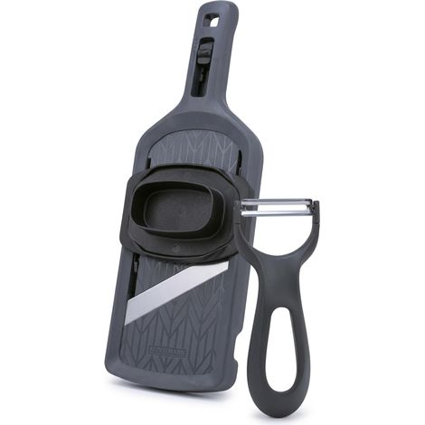 Fackelmann Set mandolina da cucina regolabile, pelaverdure professionale in acciaio inox, affettaverdure multifunzione con 4 spessori, sbucciatore ergonomico per patate, carote, zucchine