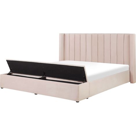 Beliani – Lit en velours rose pastel 180x200 cm – Tête haute rembourrée – Banc de rangement intégré – Style glamour moderne