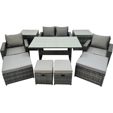 Fimous 8 Seater Wicker PE Rattan Furniture Outdoor Dining Table Double Seat Sofa 2 Side Tables 4 Stools Set Dark Grey Mixed (1/4)