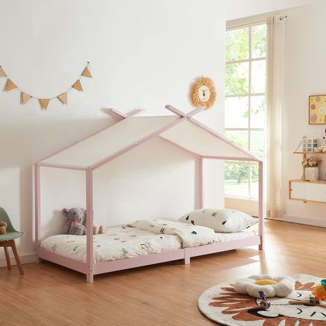 Cama para niños Brome Forma casita con techo pino 90 x 200 cm - Rosa y Blanco [en.casa]